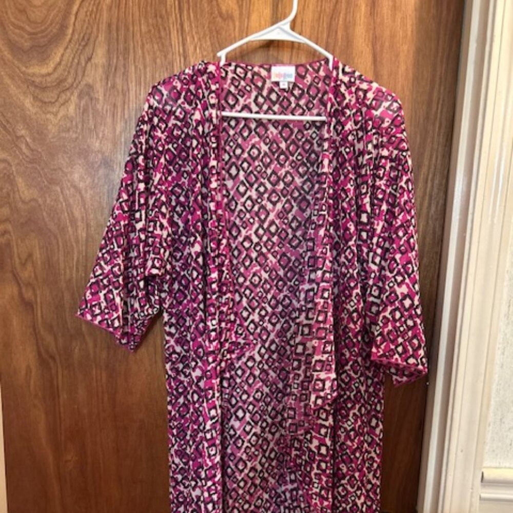 Pink Purple Geometric Kimono Robe – Lightweight Boho Open Front Cardigan Size M